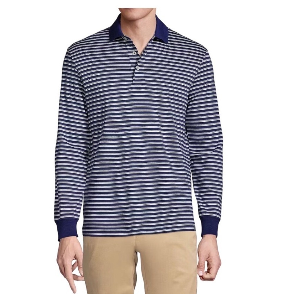 Lands' End Men's Long Sleeve Jacquard Super Soft Supima Polo Shirt L Navy stripe